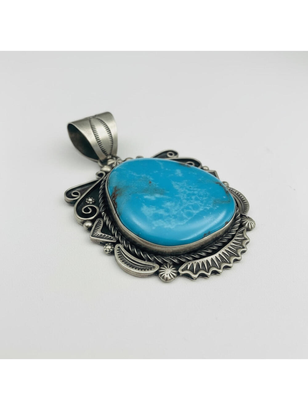 Navajo Ronald Tom Rare Sky Dragon Bisbee Turquoise Sterling Silver Pendant 41g - Picture 4 of 5